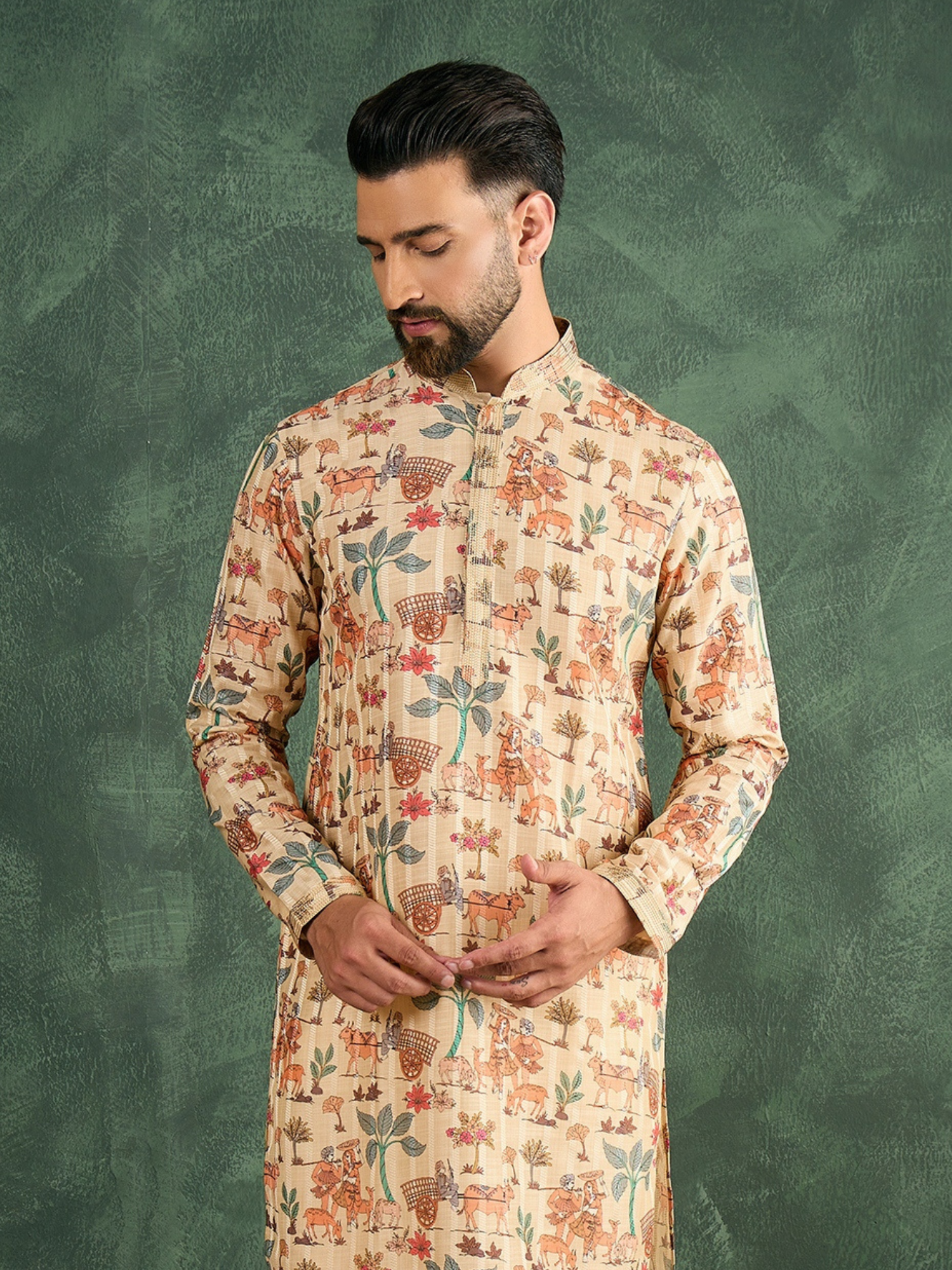 Men Beige Silk Figure Print Kurta Trouser Set