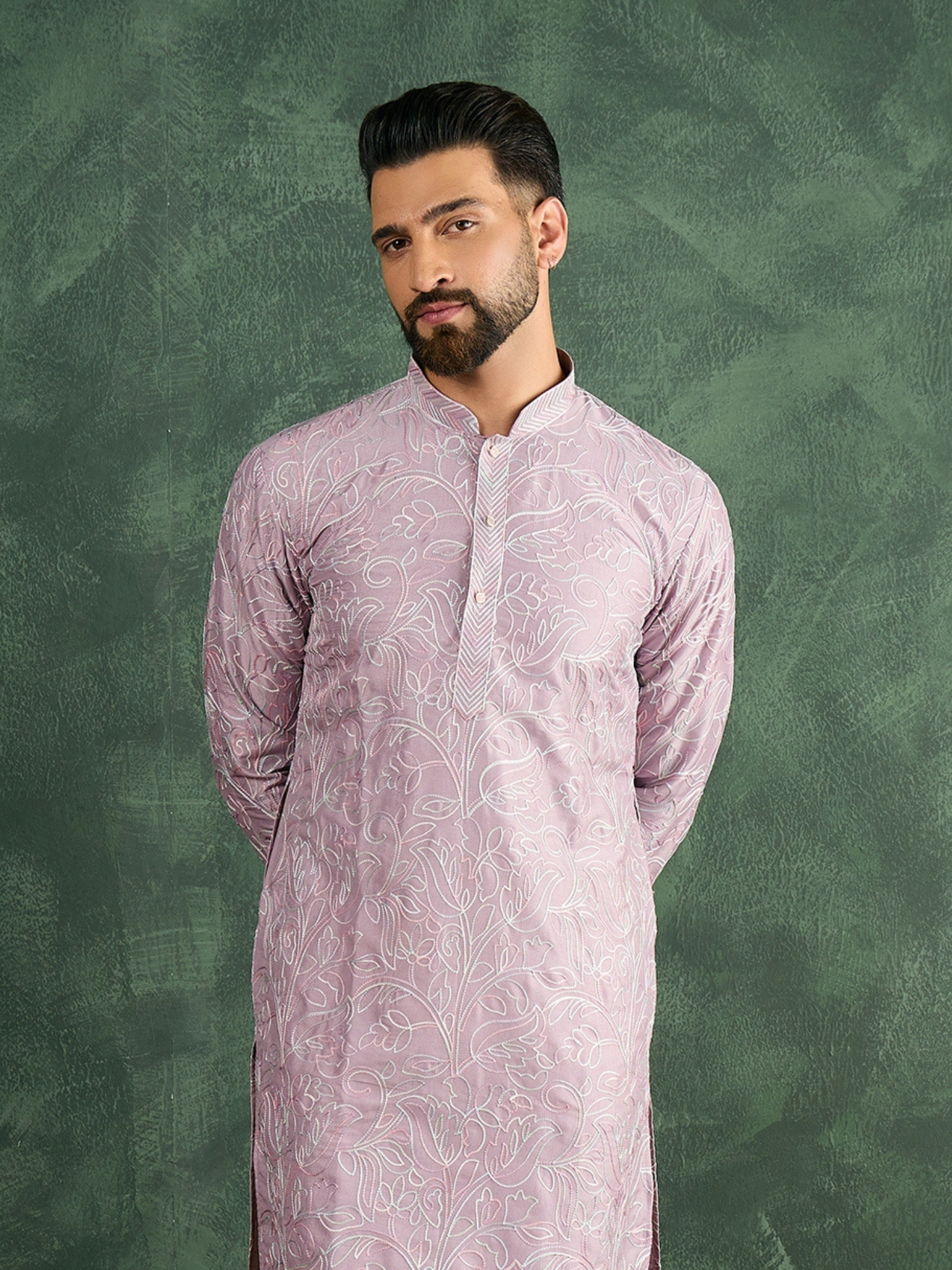 Lilac Silk Embroidered Kurta Trouser Set