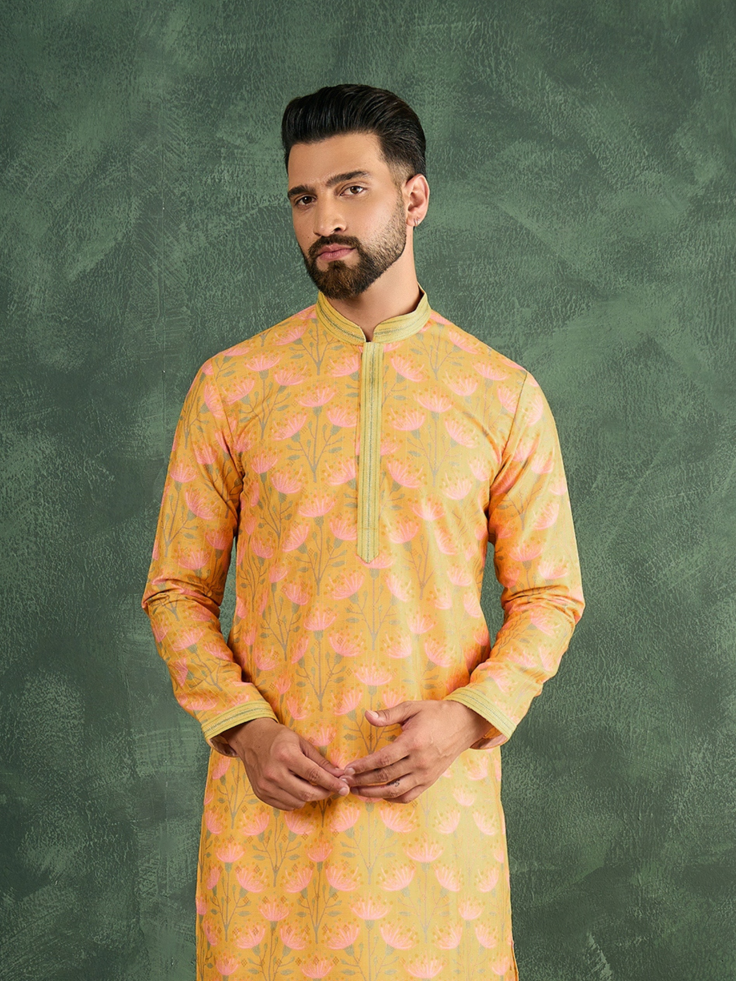 Yellow Silk Pintex Kurta Trouser Set