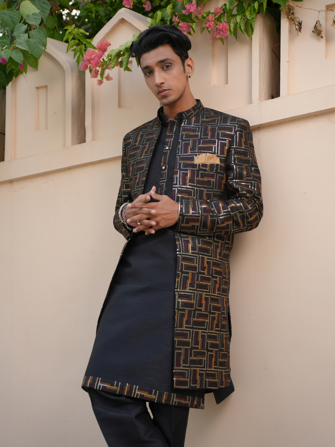 Men Black 3 Piece Open Indo Western Set