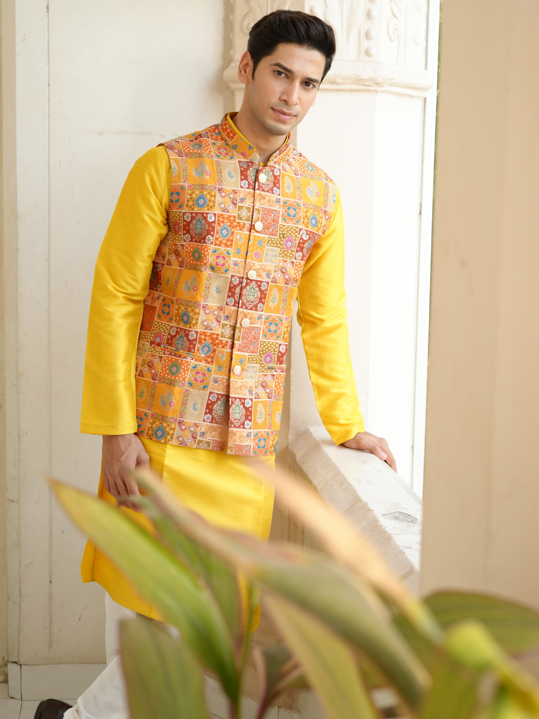 Yellow Kurta Patoda Jacket Trouser Set