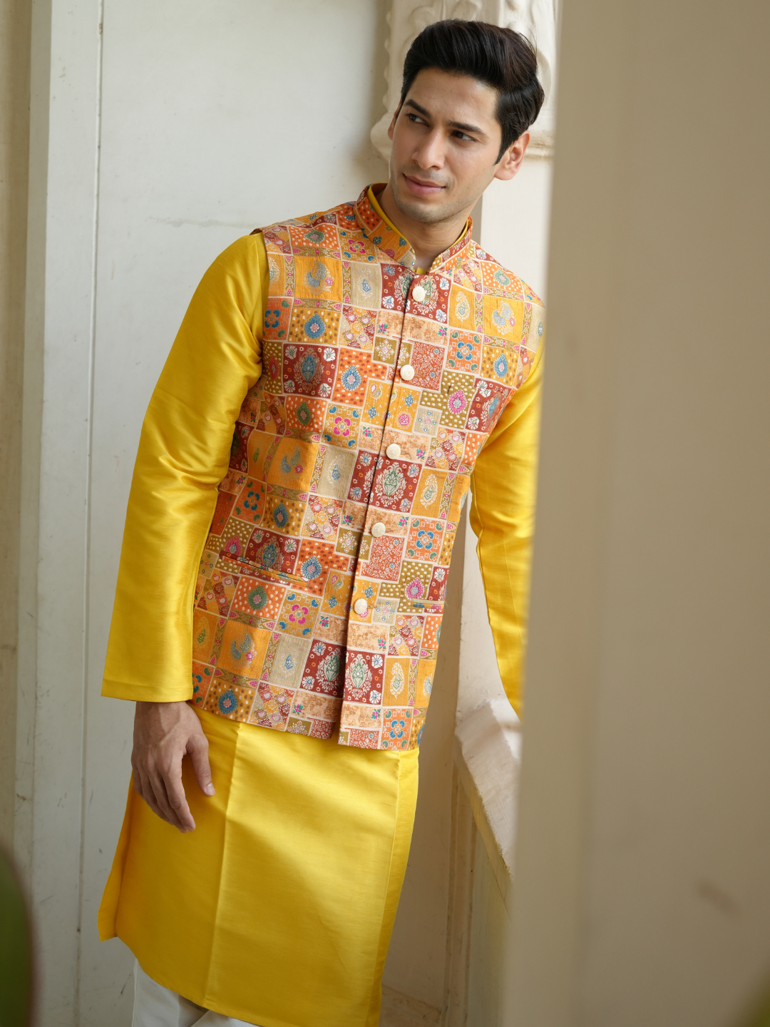 Yellow Kurta Patoda Jacket Trouser Set