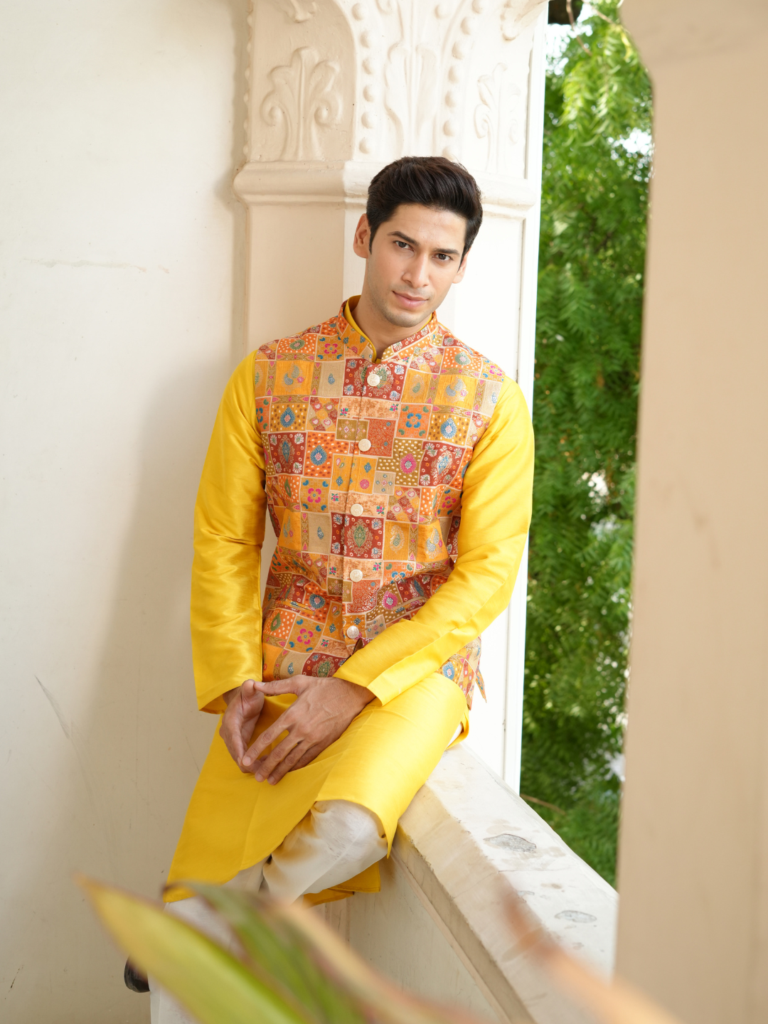 Yellow Kurta Patoda Jacket Trouser Set