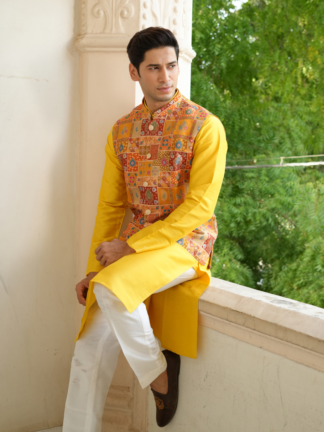 Yellow Kurta Patoda Jacket Trouser Set