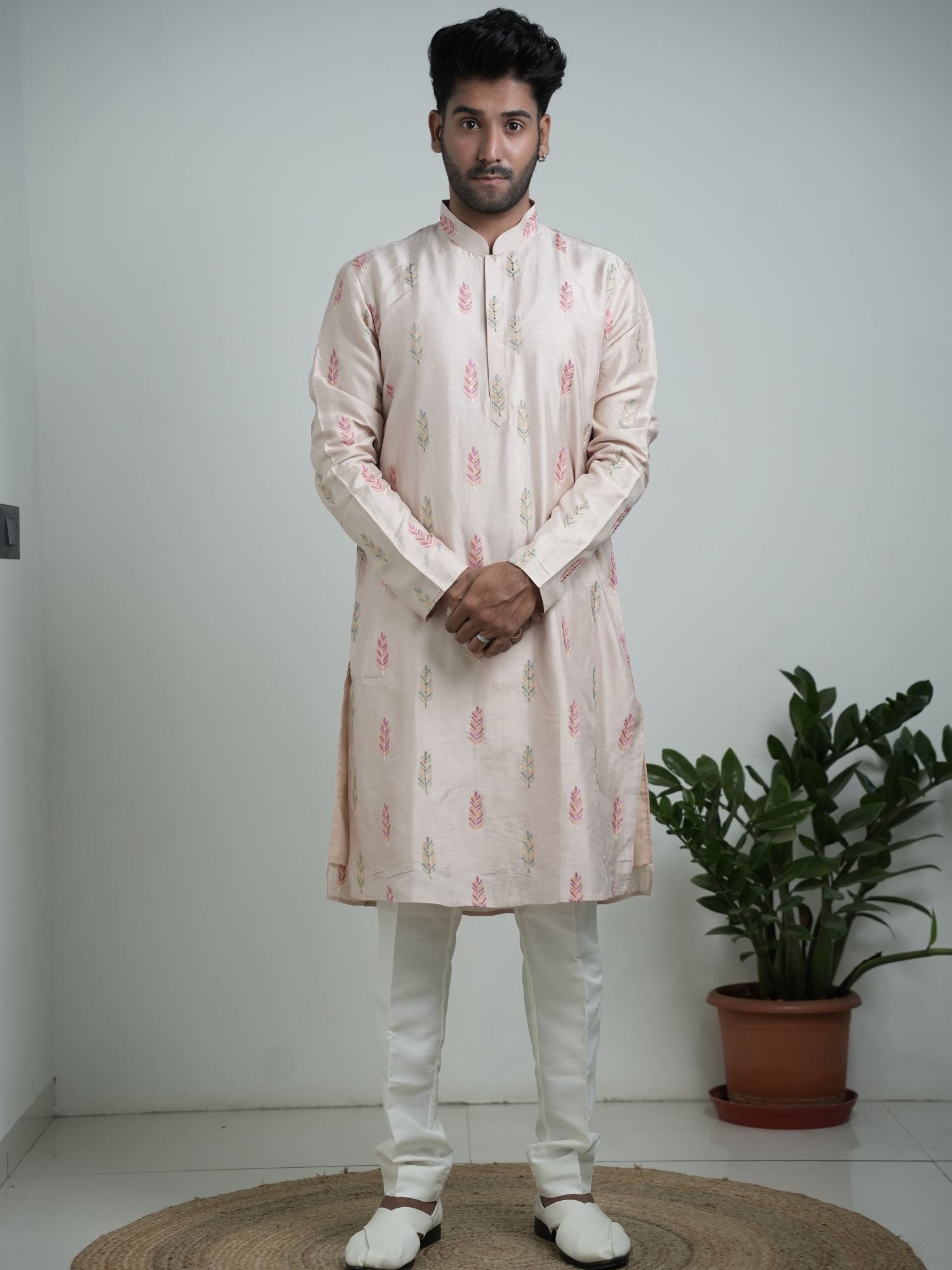 Beige Tusser silk with embroidery kurta trouser set