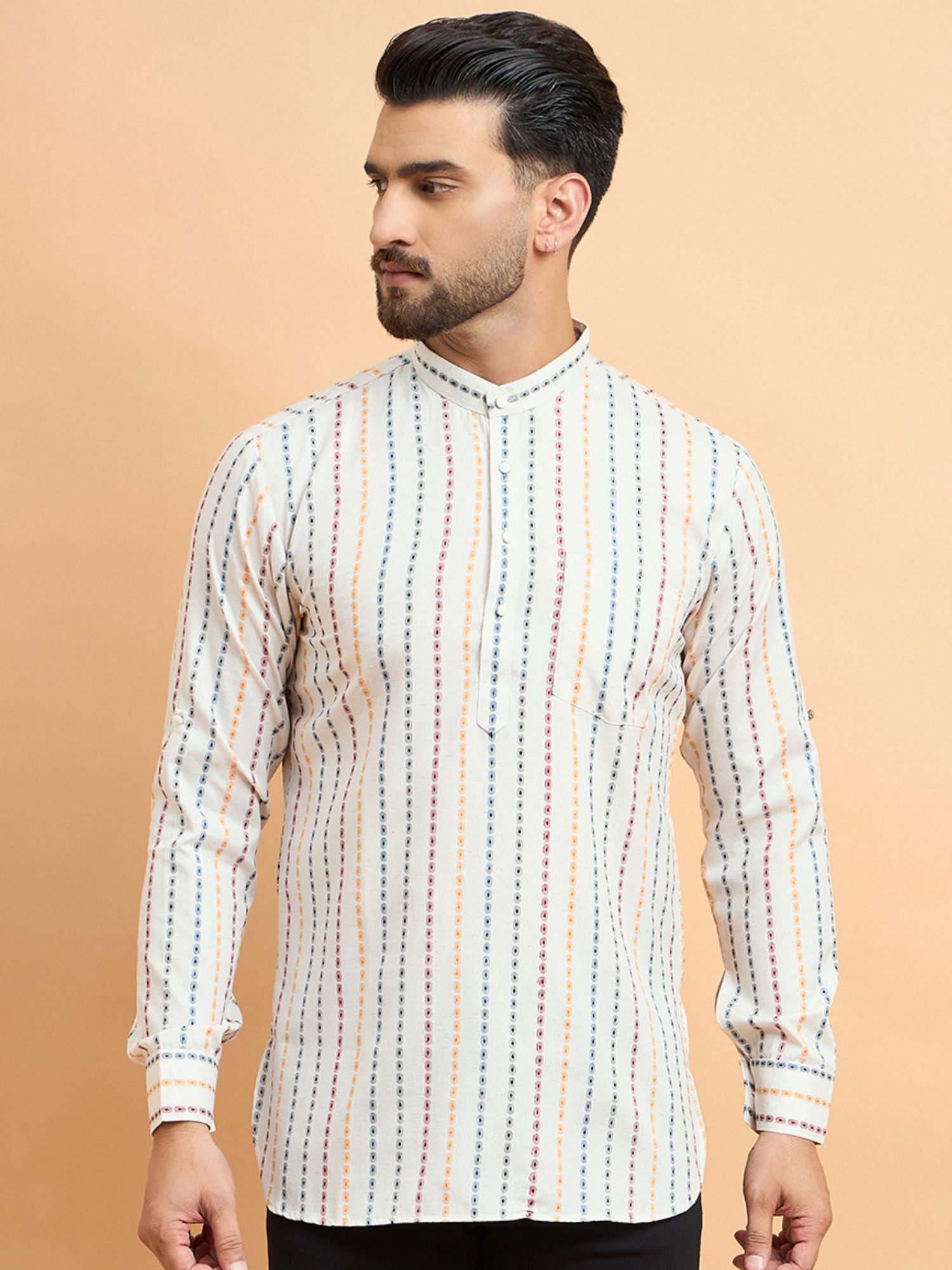 Cream Multi Strips Cotton Linen Short Kurta Only