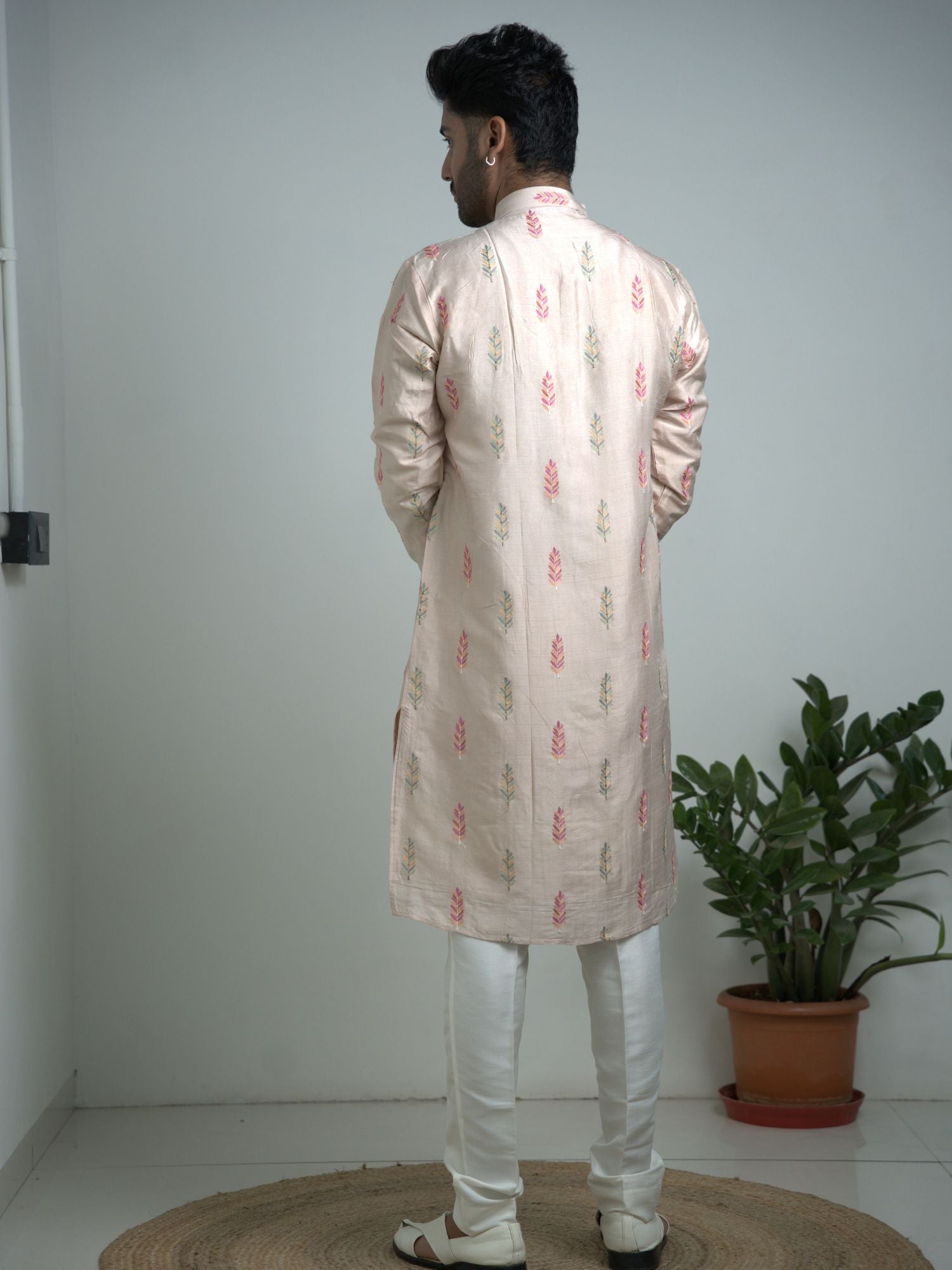 Beige Tusser silk with embroidery kurta trouser set