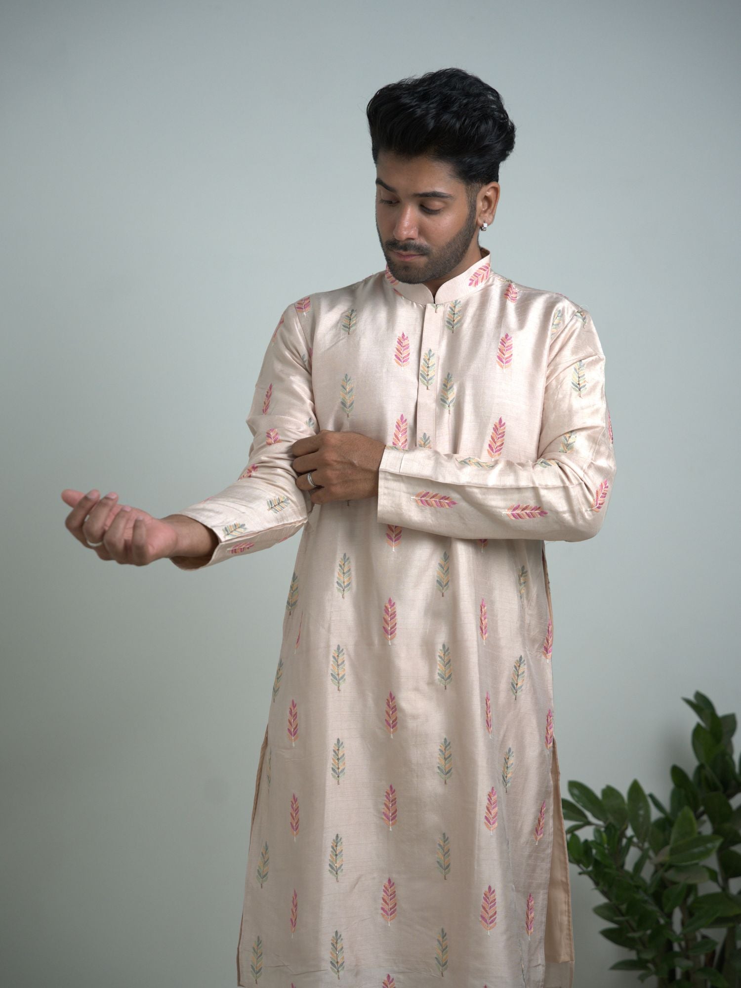 Beige Tusser silk with embroidery kurta trouser set