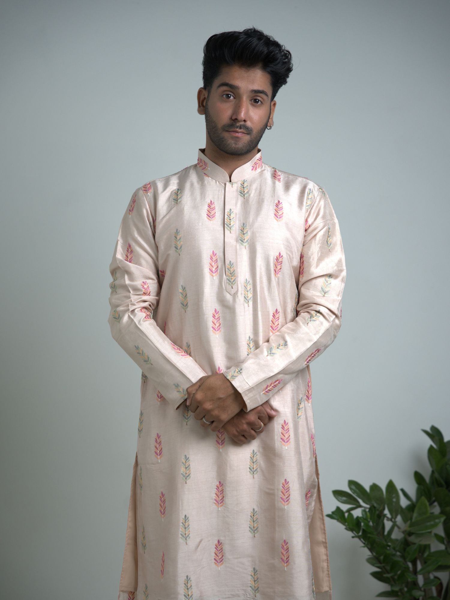 Beige Tusser silk with embroidery kurta trouser set