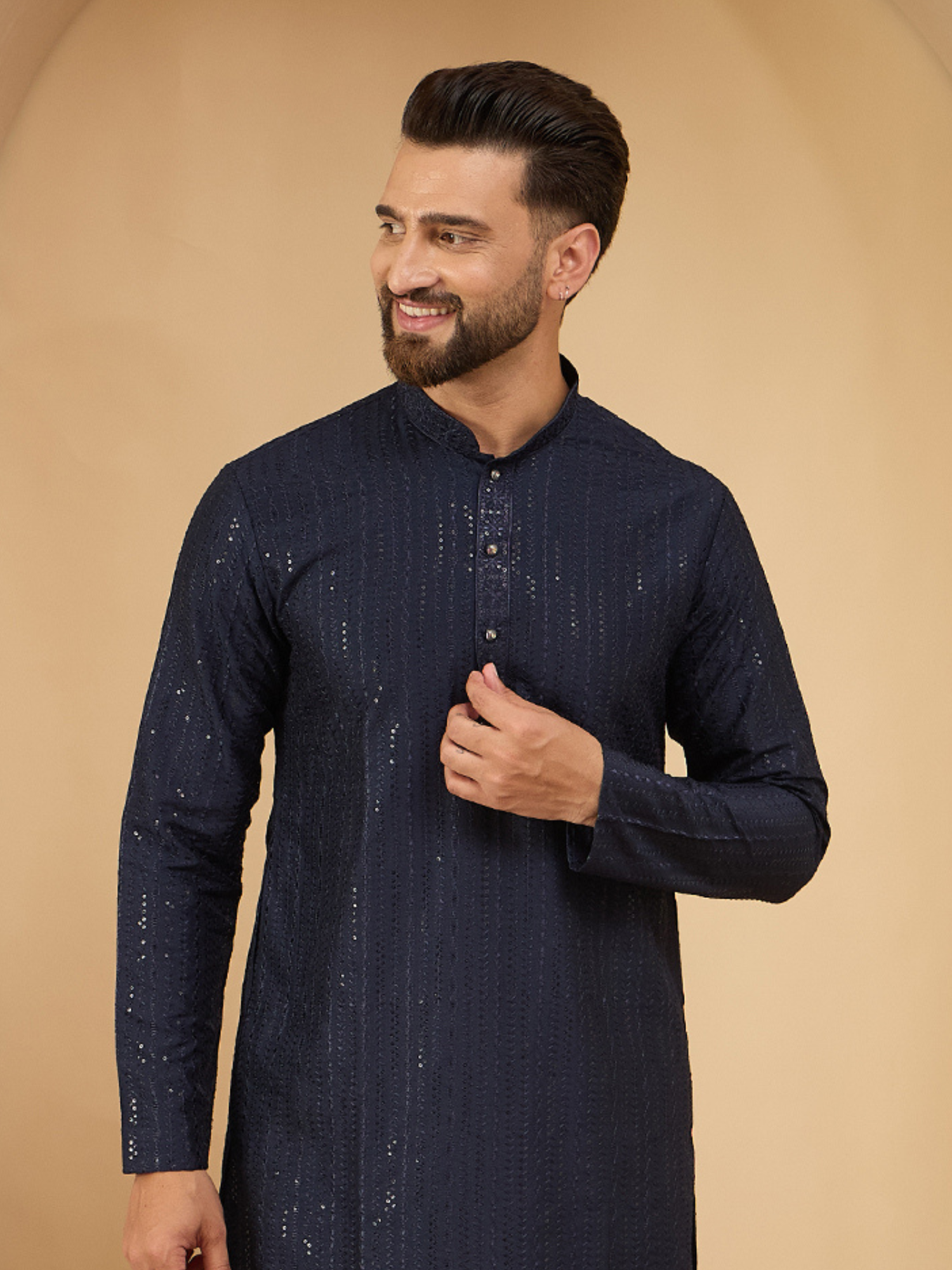 Men Dark Grey Lucknowi Sequinze Kurta Trouser Set
