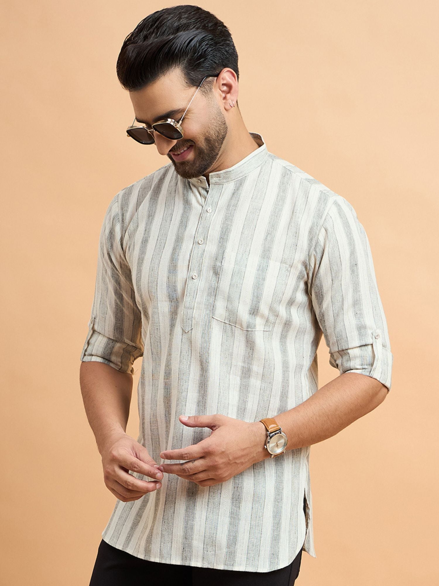 Beige Strips Cotton Linen Short Kurta Only