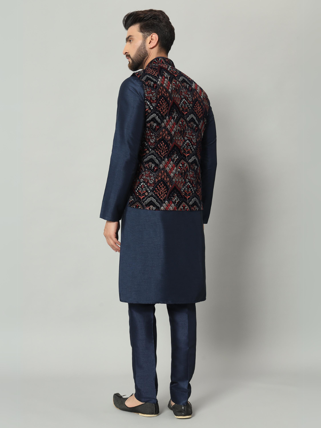 Navy Blue Kurta Velvet Nehru Jacket Trouser Set