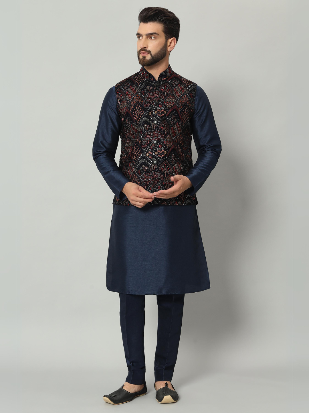 Navy Blue Kurta Velvet Nehru Jacket Trouser Set