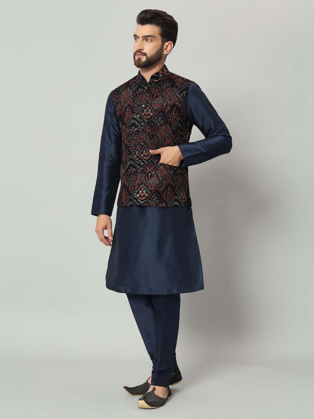Navy Blue Kurta Velvet Nehru Jacket Trouser Set