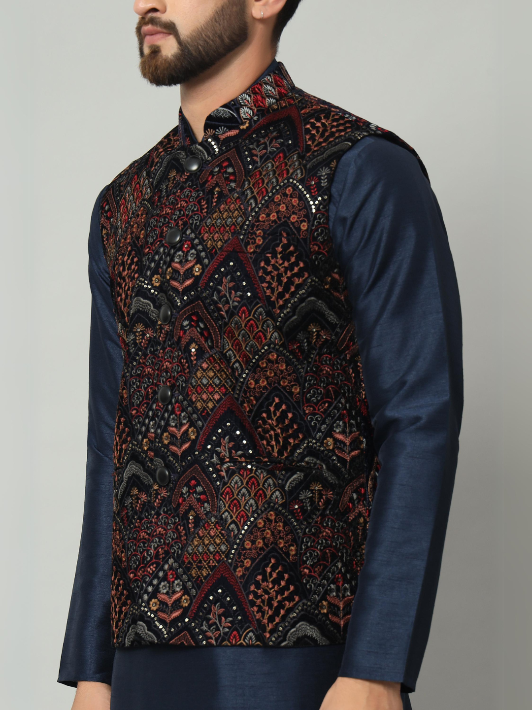 Navy Blue Kurta Velvet Nehru Jacket Trouser Set