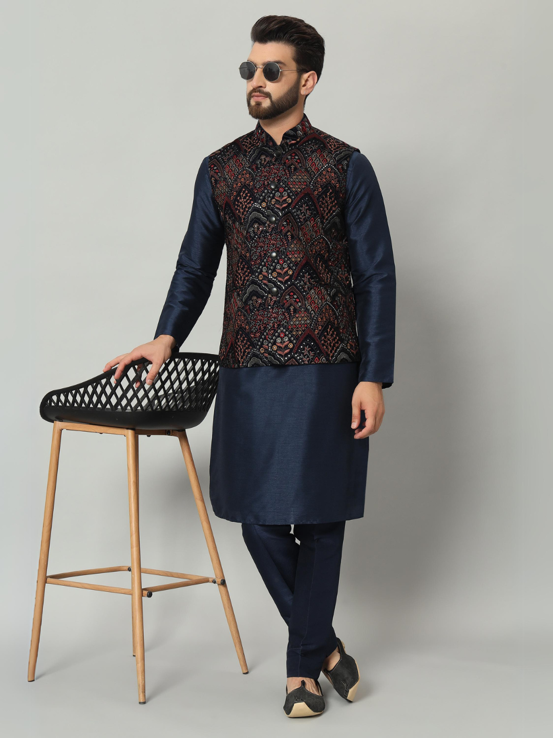 Navy Blue Kurta Velvet Nehru Jacket Trouser Set