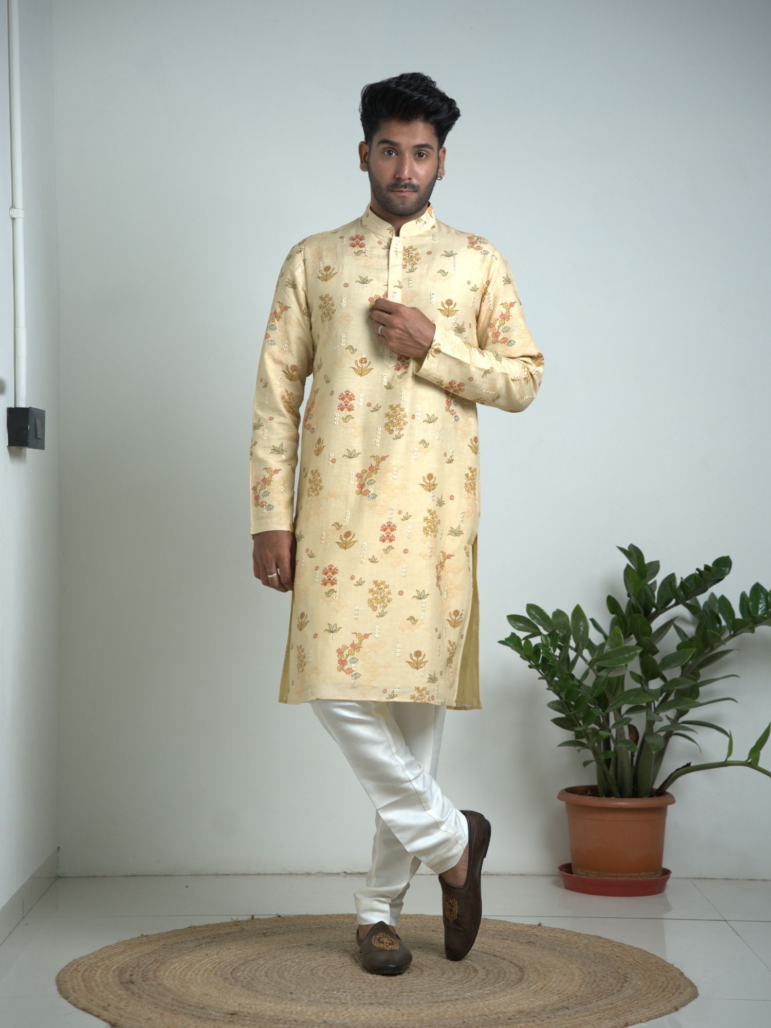 Cream Tusser Silk With Mirror Work Kurta Trouser Set