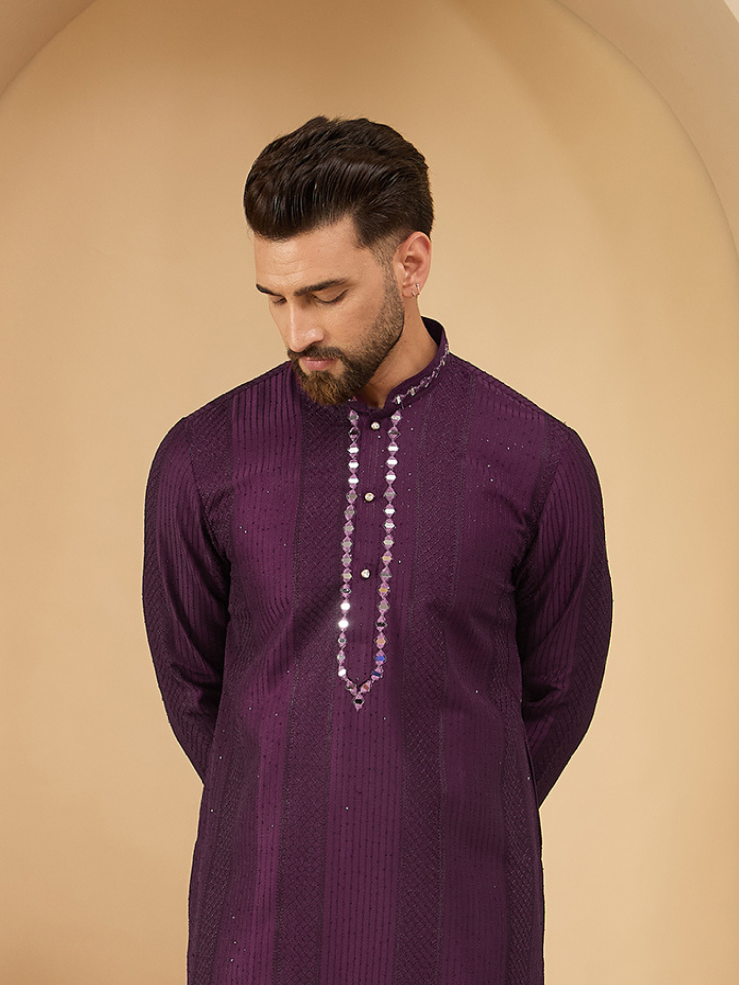 Men Sequinze Purple with Mirror Work Kurta Trouser Set