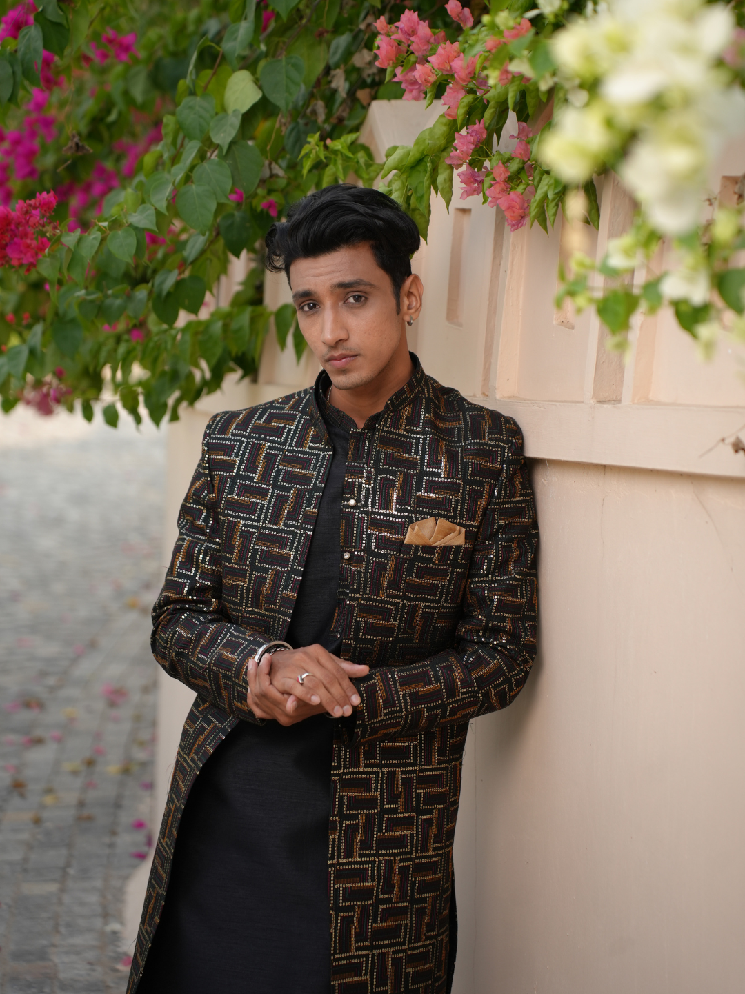 Men Black 3 Piece Open Indo Western Set