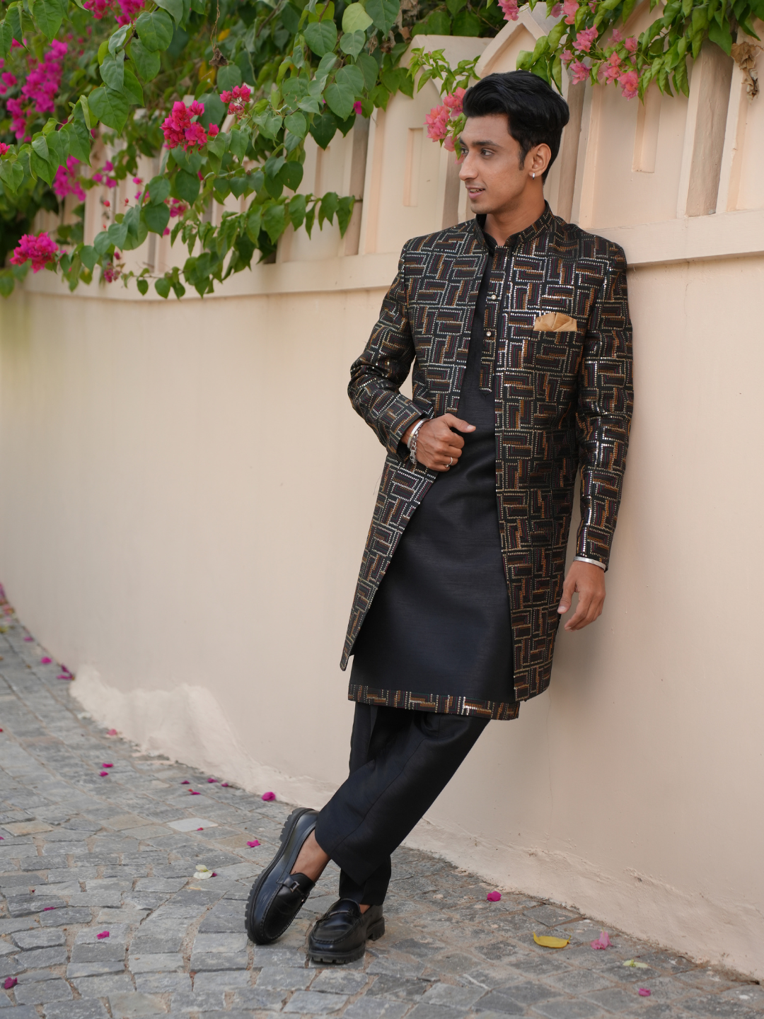 Men Black 3 Piece Open Indo Western Set