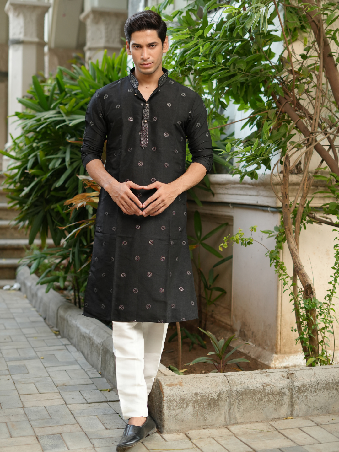Magnet Men's Black Embroidered Kurta Trouser Set