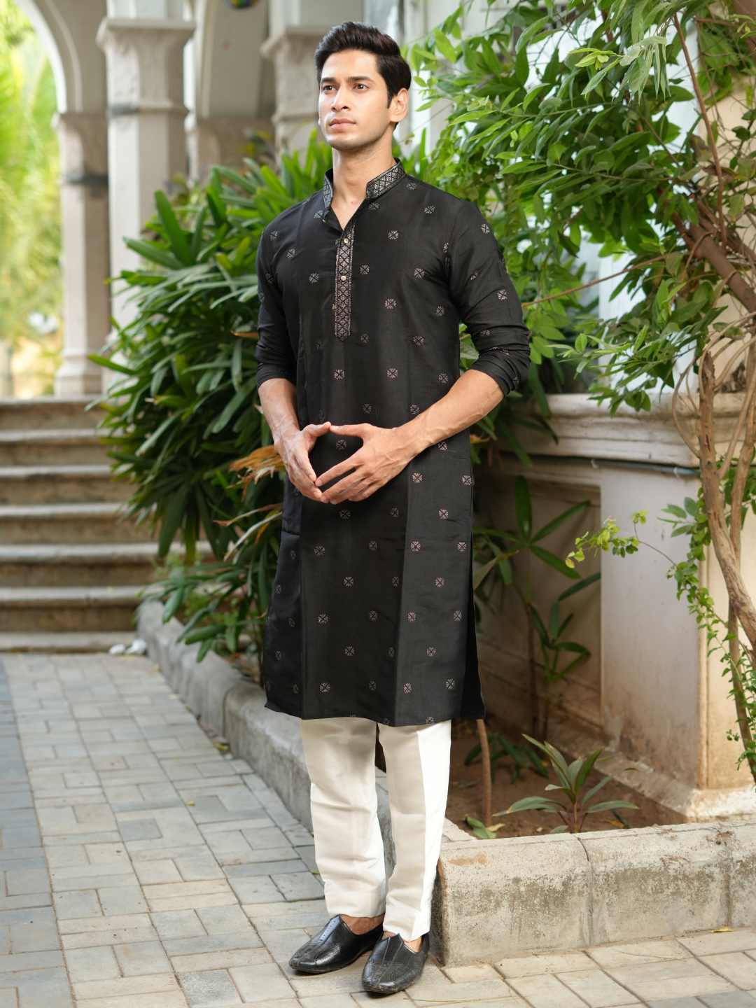 Magnet Men's Black Embroidered Kurta Trouser Set