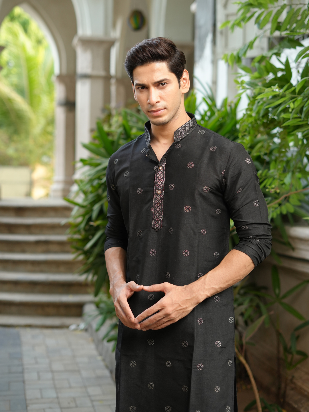 Magnet Men's Black Embroidered Kurta Trouser Set