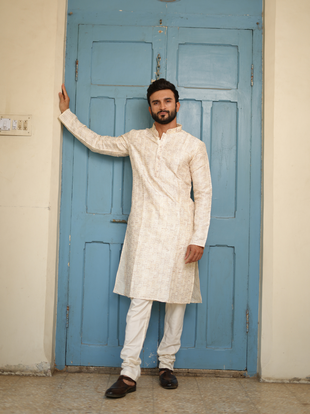 Cream Embroidered Kurta Set
