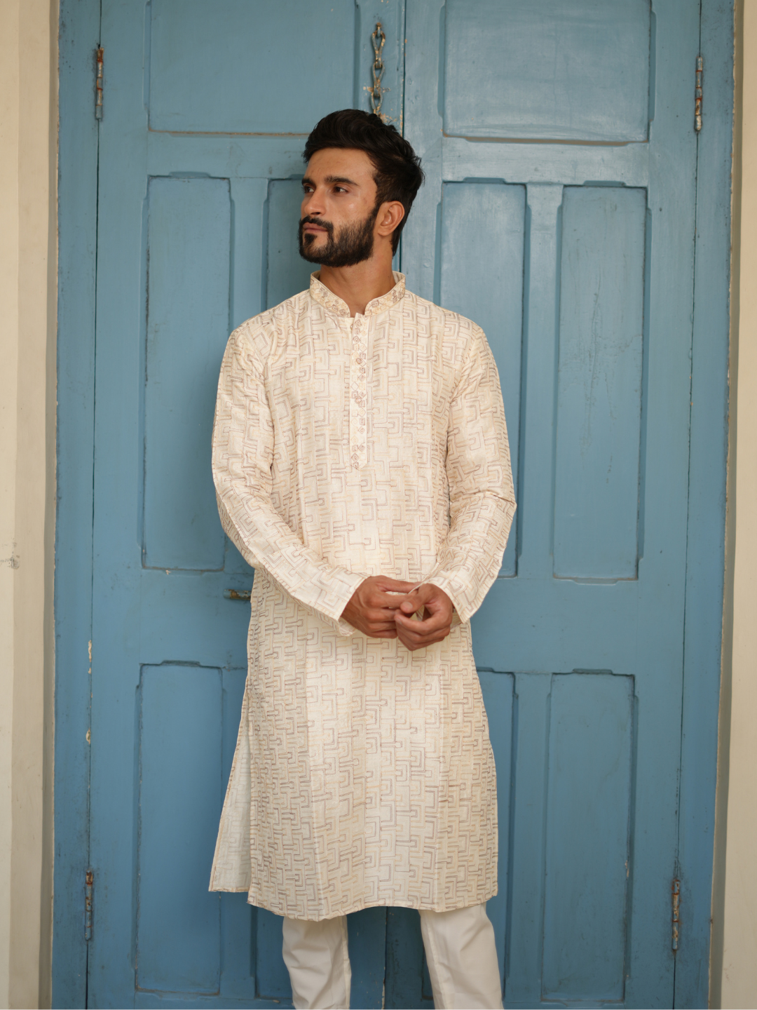 Cream Embroidered Kurta Set