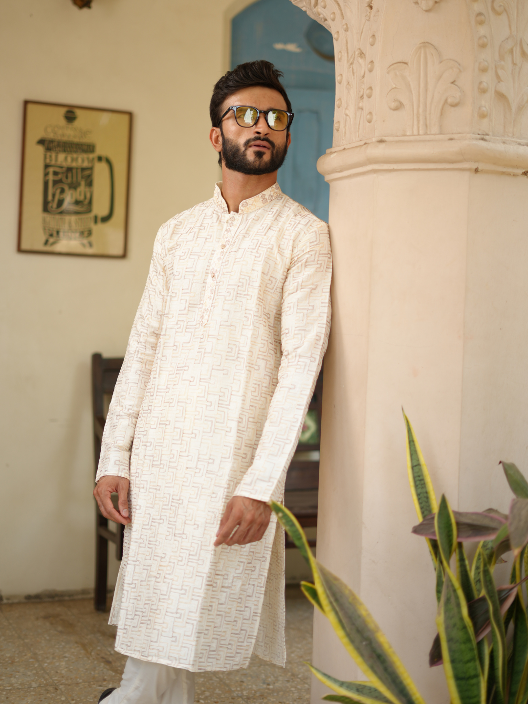 Magnet Men's Cream Embroidered Kurta Set