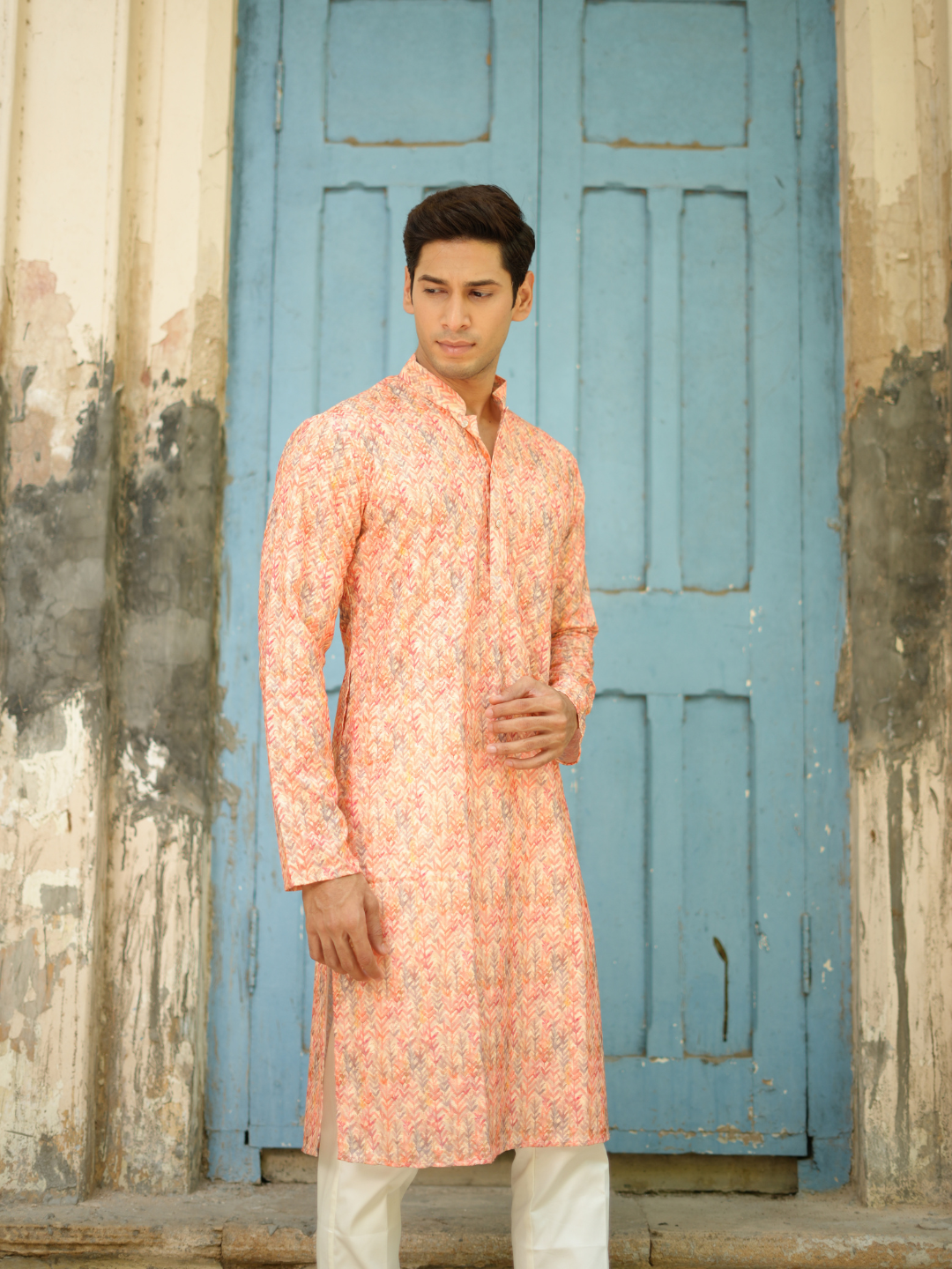 Magnet Men's Peach Chikankari Kurta Trouser Set