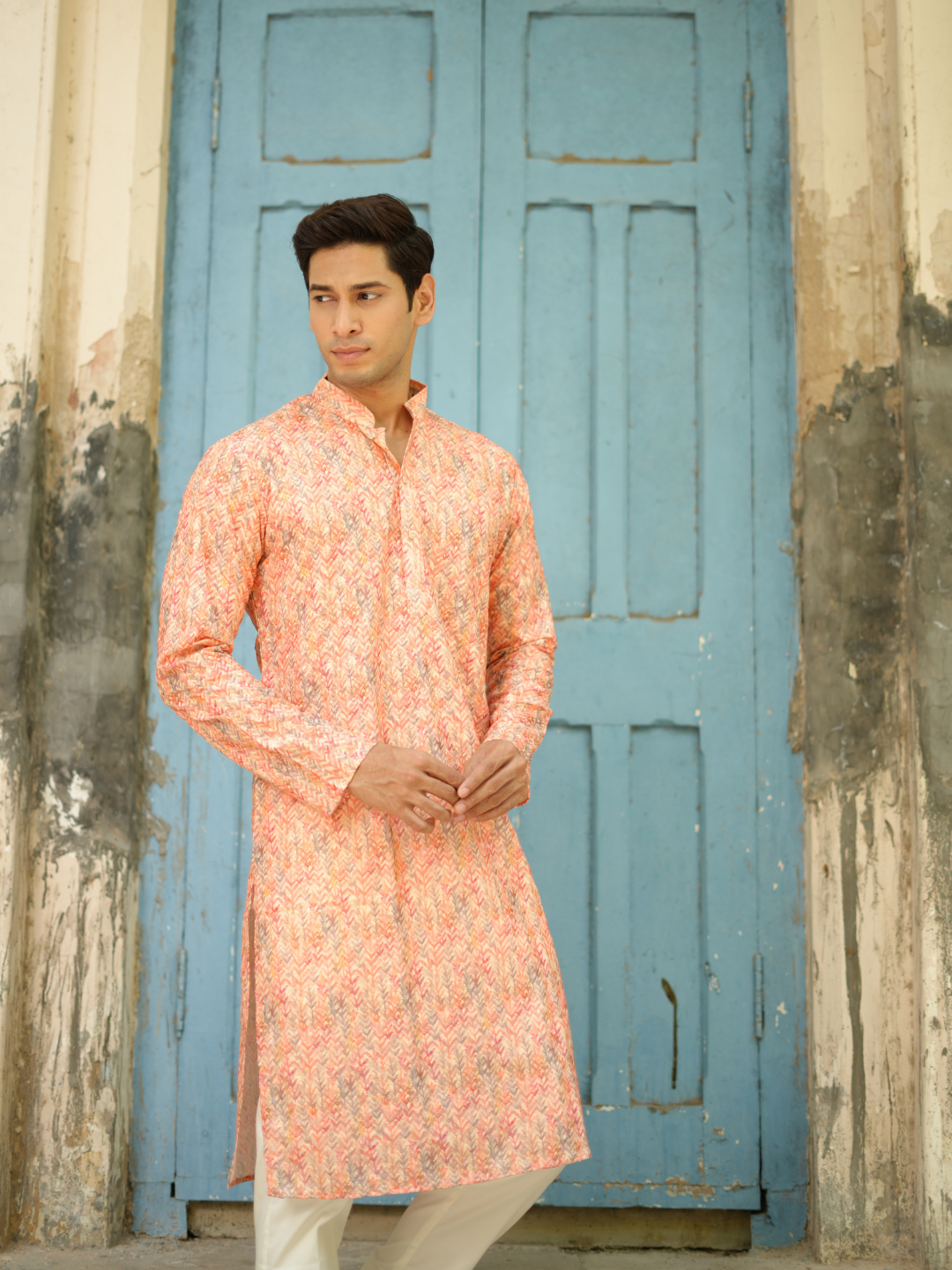 Magnet Men's Peach Chikankari Kurta Trouser Set