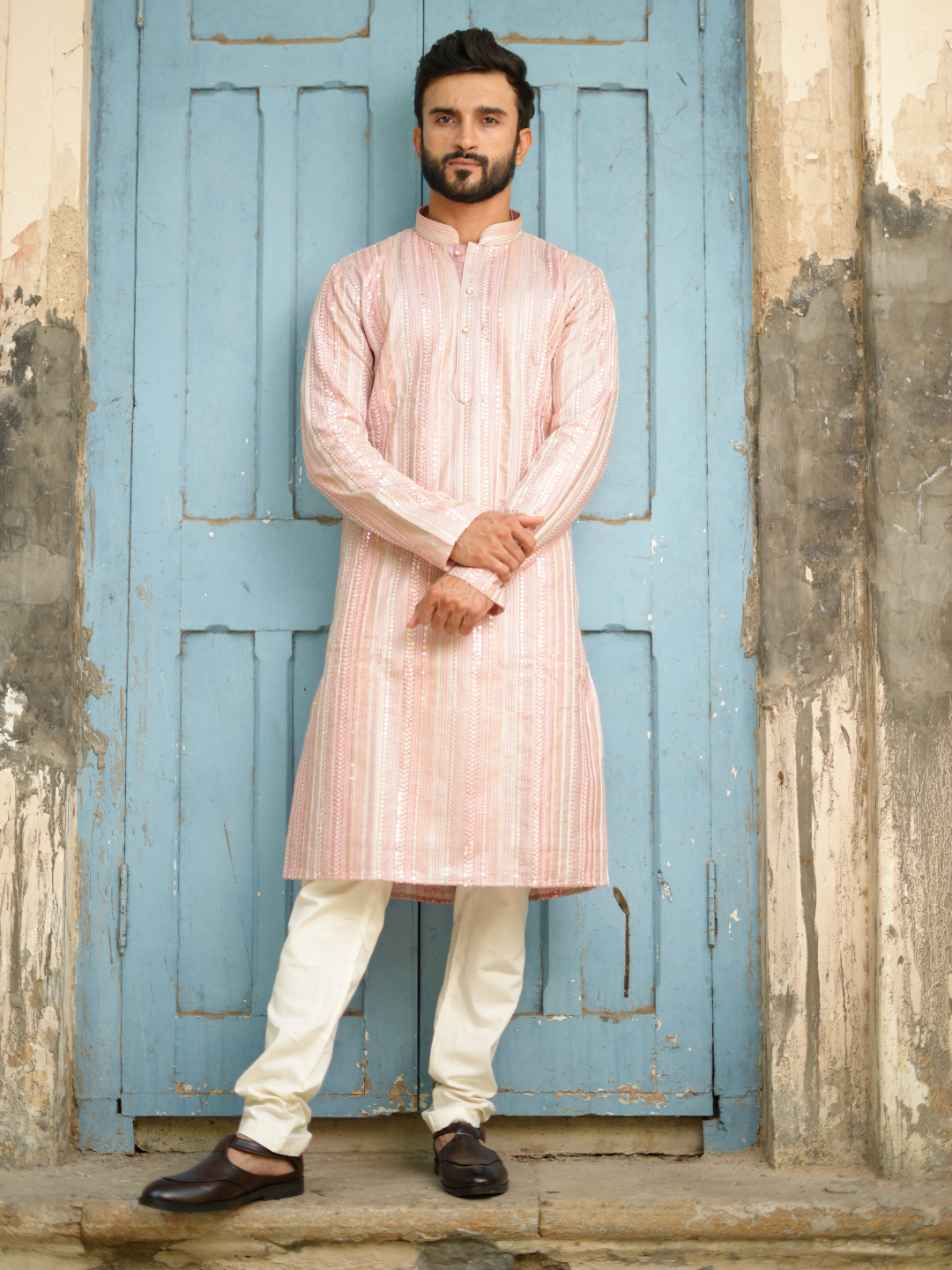 Magnet Men's Pink Multi Lucknowi Kurta Set