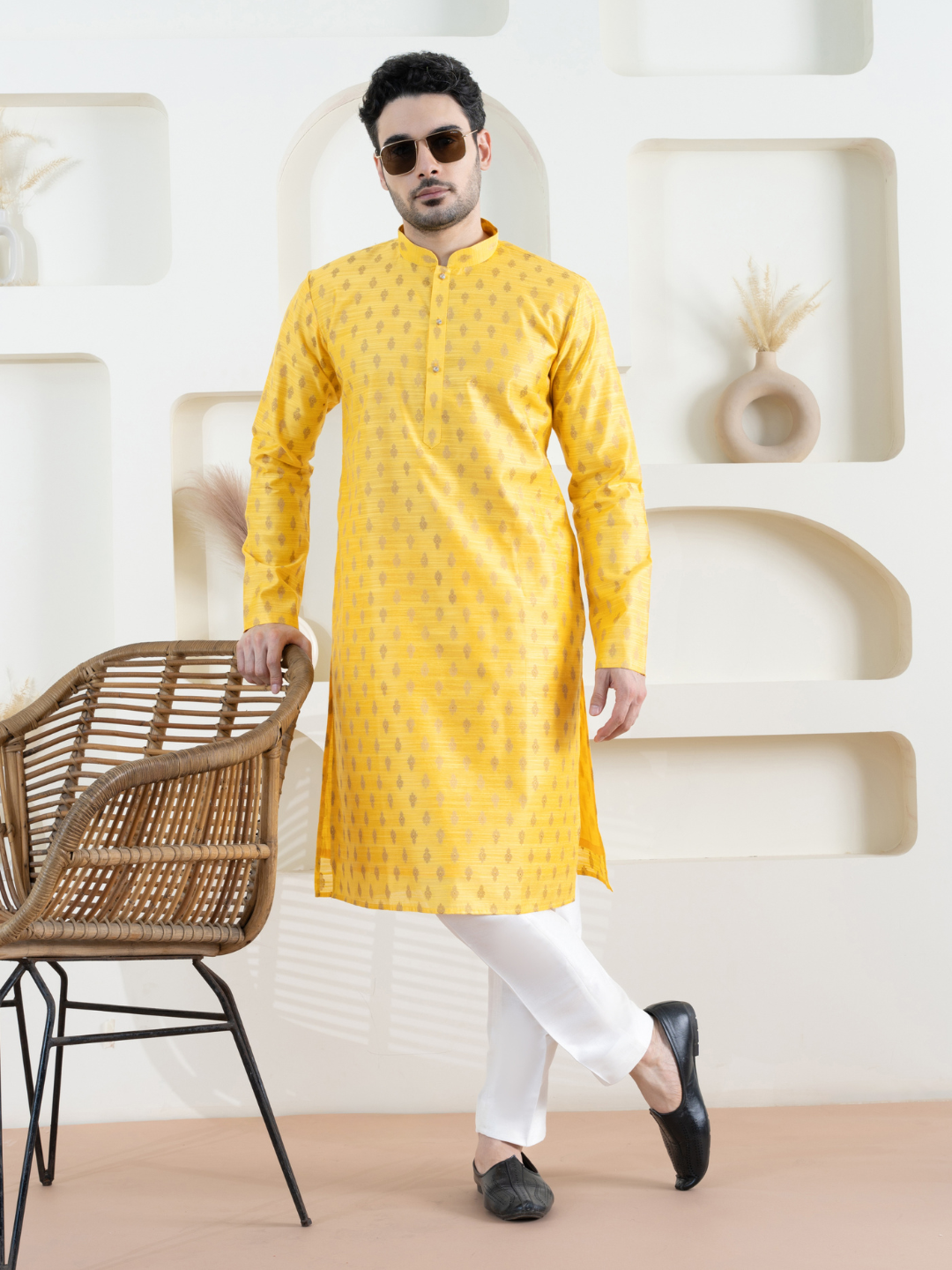 Yellow Brocket Silk Kurta Trouser Set