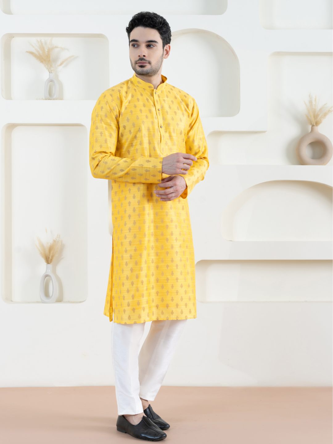 Yellow Brocket Silk Kurta Trouser Set