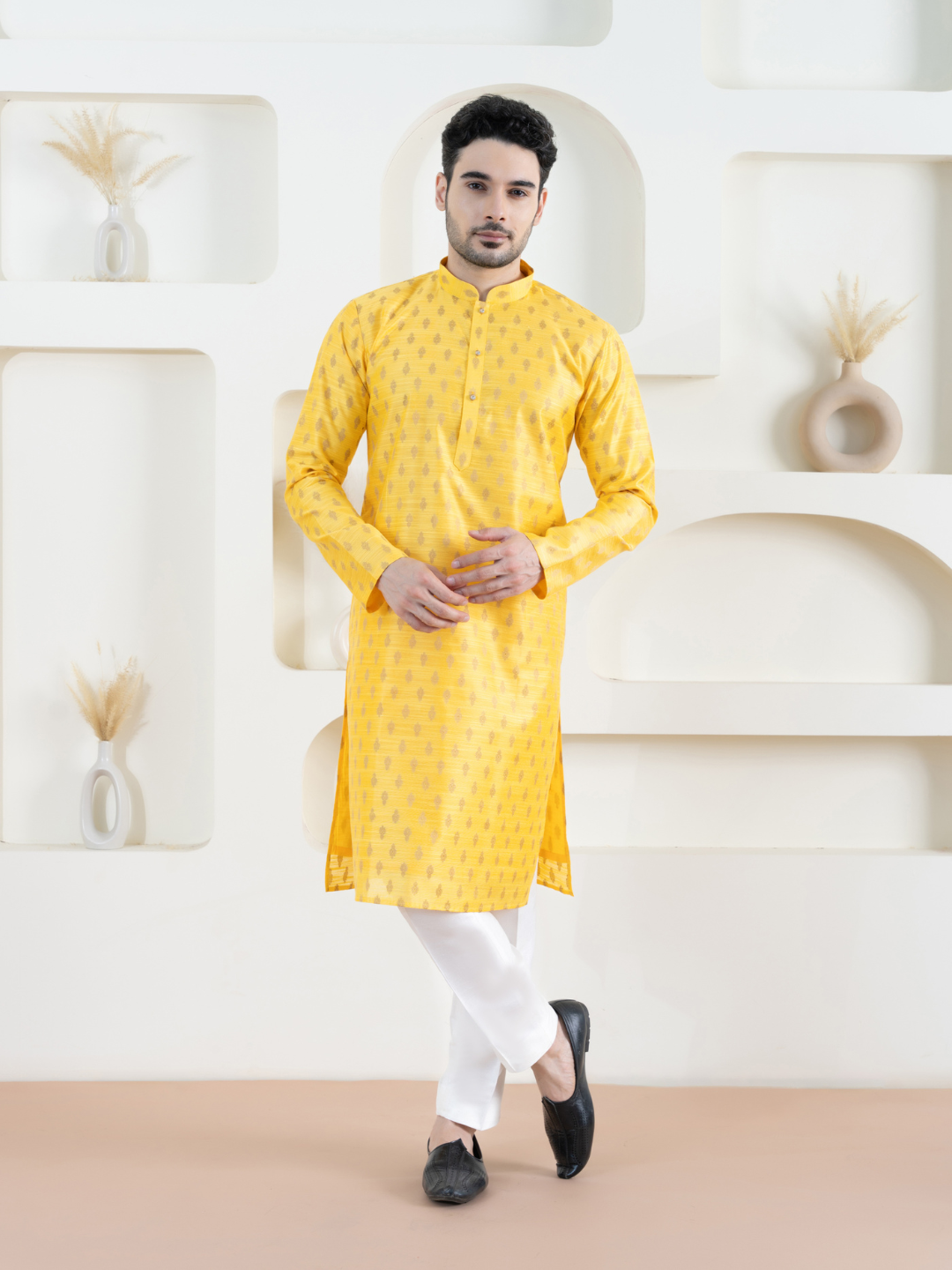 Yellow Brocket Silk Kurta Trouser Set