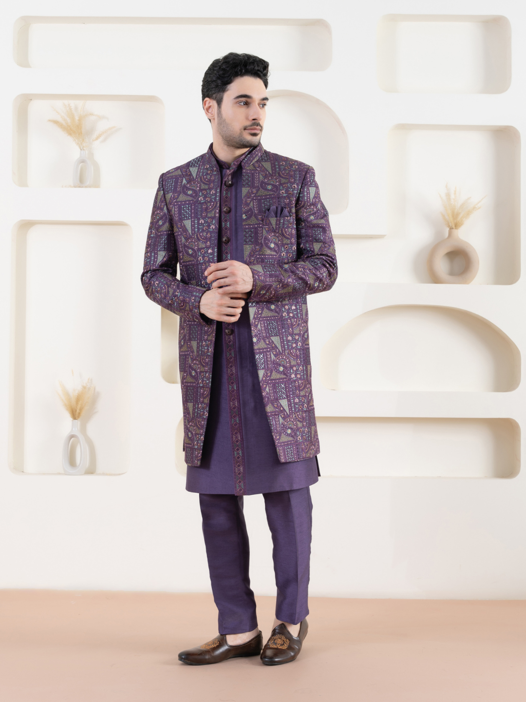 Men Purple Open Indowestern Set