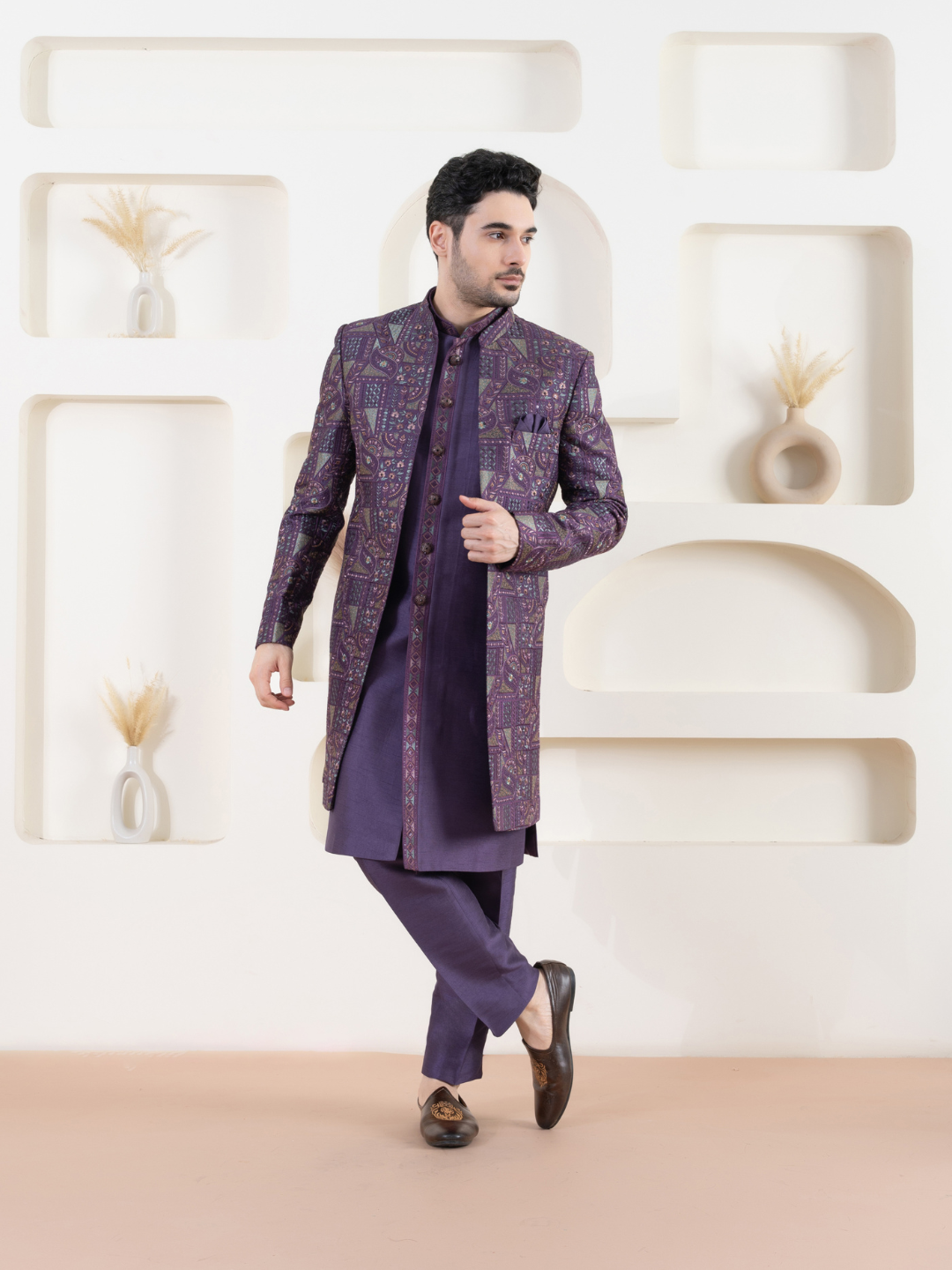 Men Purple Open Indowestern Set