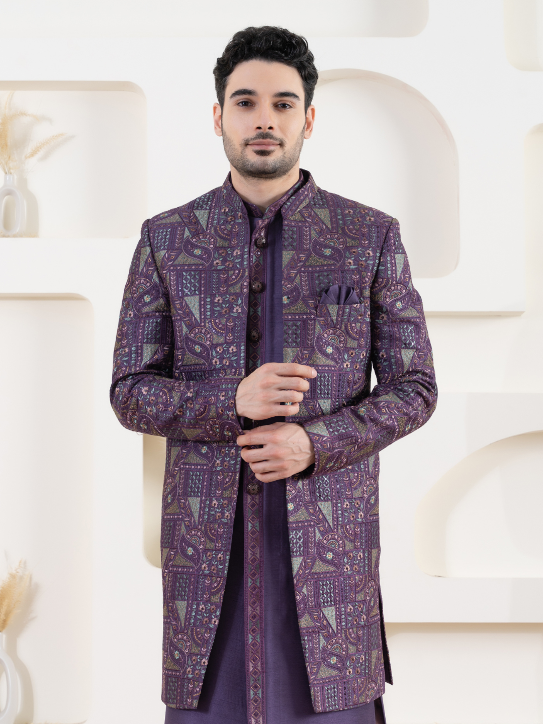 Men Purple Open Indowestern Set