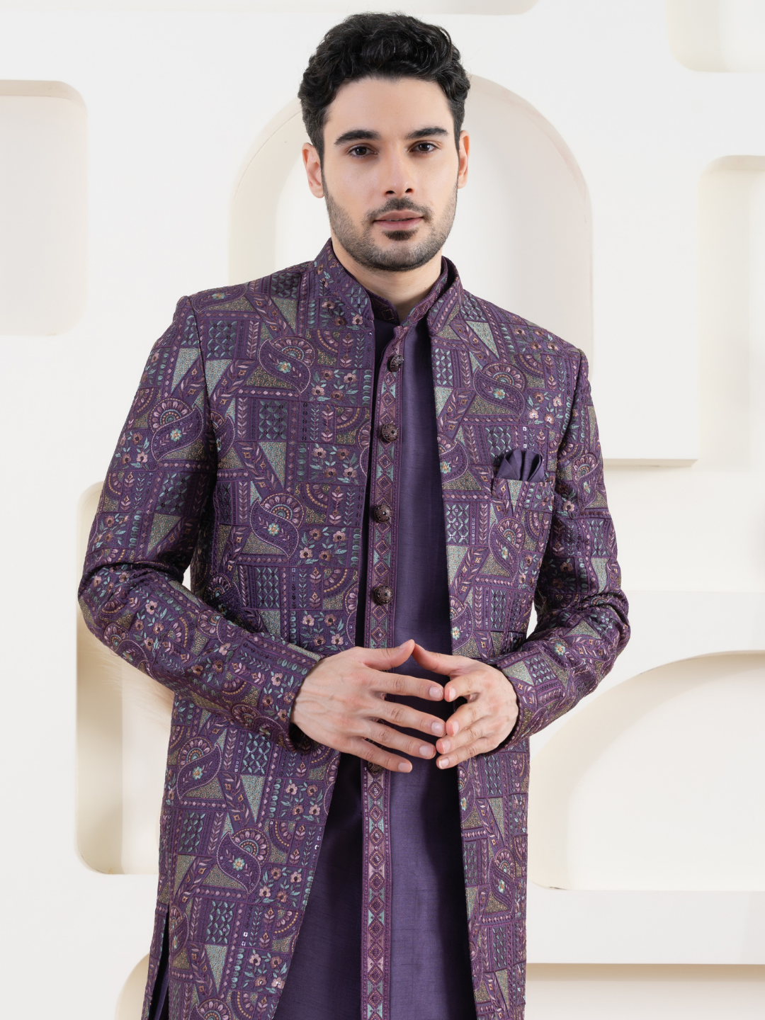 Men Purple Open Indowestern Set
