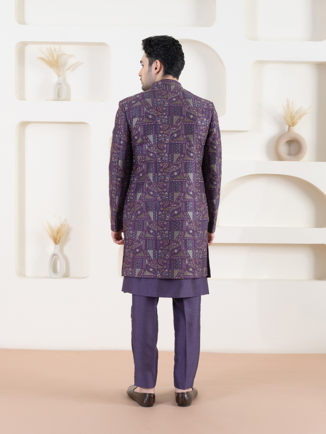 Men Purple Open Indowestern Set