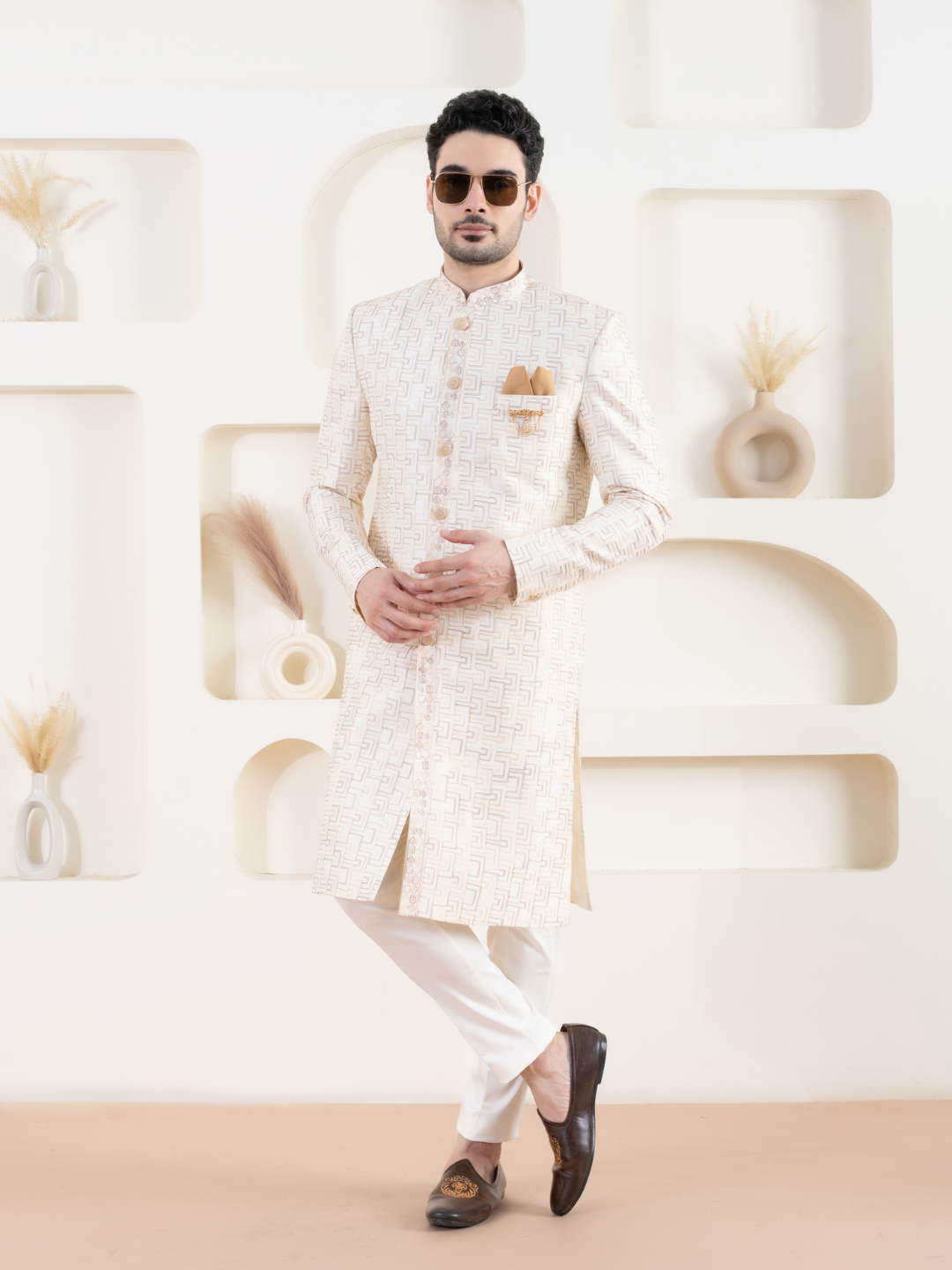 Cream Embroidered Indowestern Set
