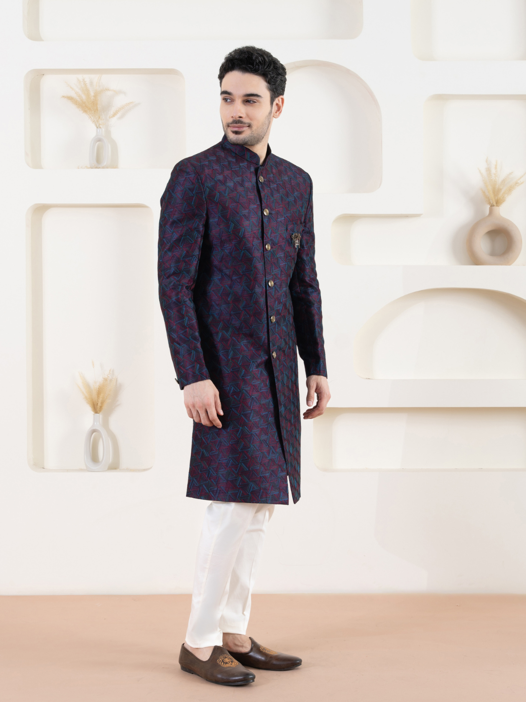 Men Purple Indowestern Set