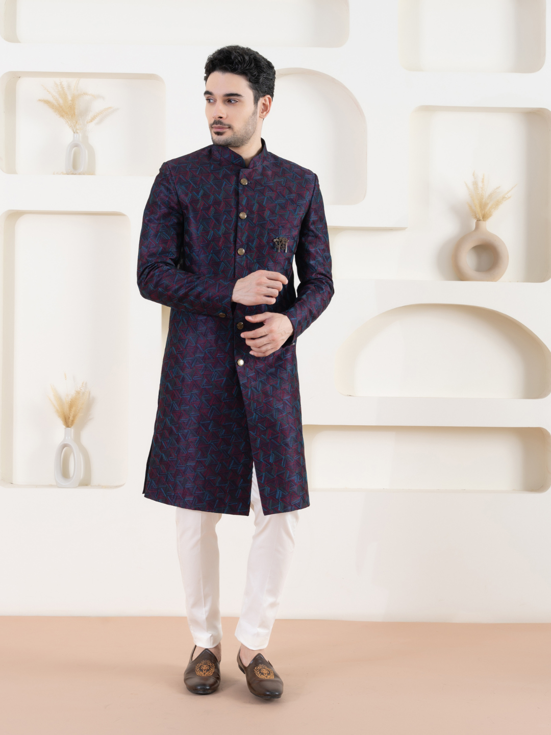 Men Purple Indowestern Set