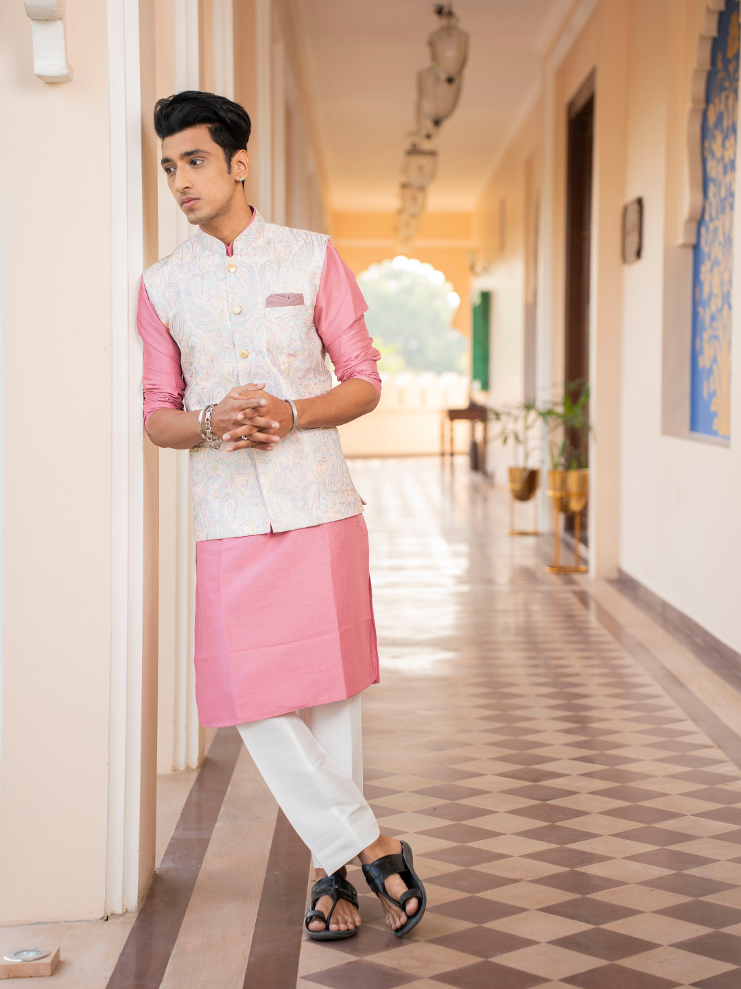 Rose Pink Kurta Nehru Jacket Set - Main Image