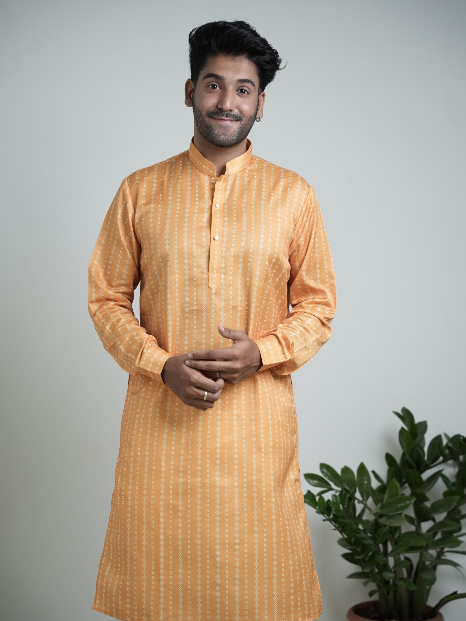 Yellow Satin silk printed kurta Trouser set