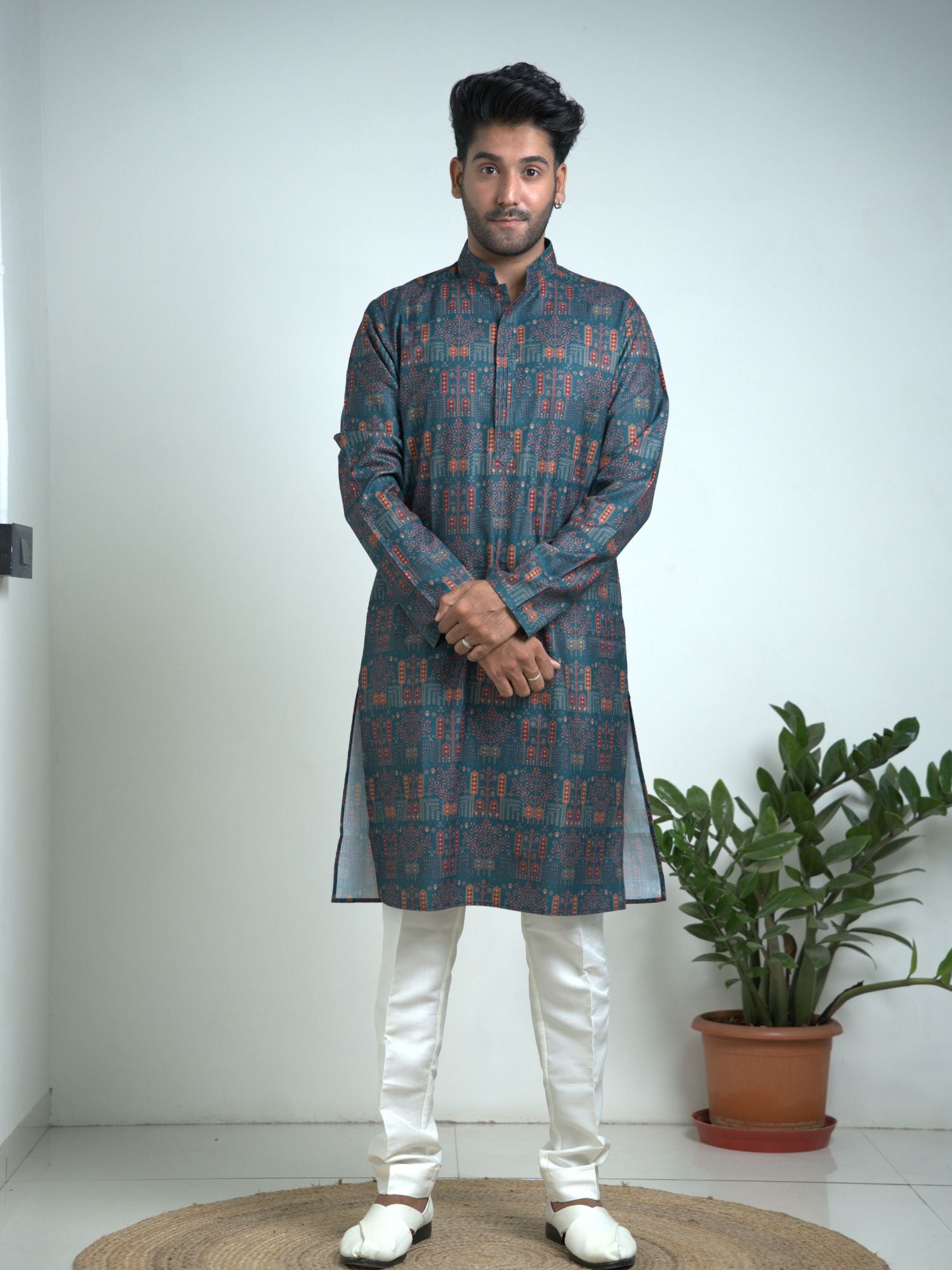 Teal blue Printed kurta trouser set