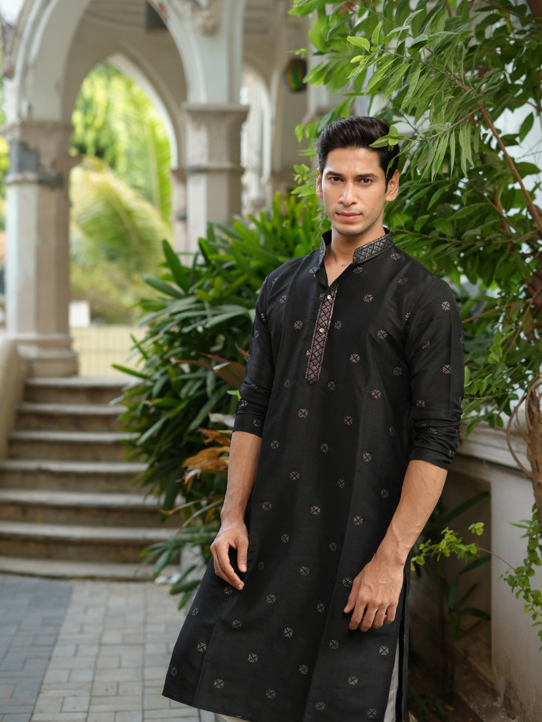 Magnet Men's Black Embroidered Kurta Trouser Set