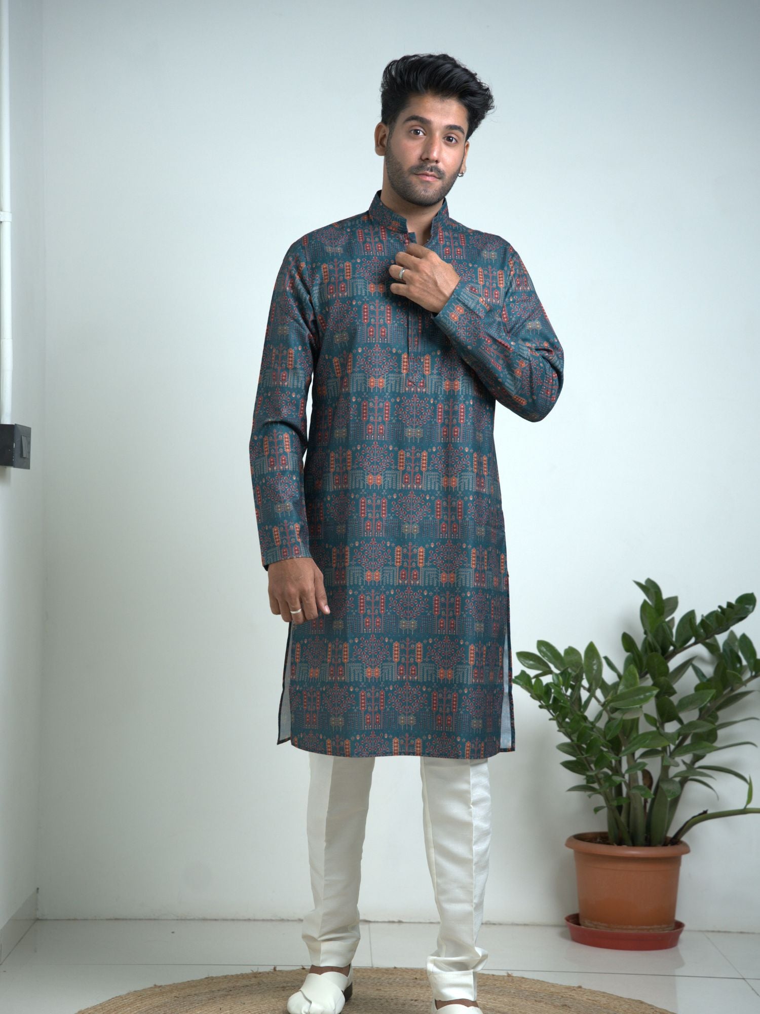 Teal blue Printed kurta trouser set