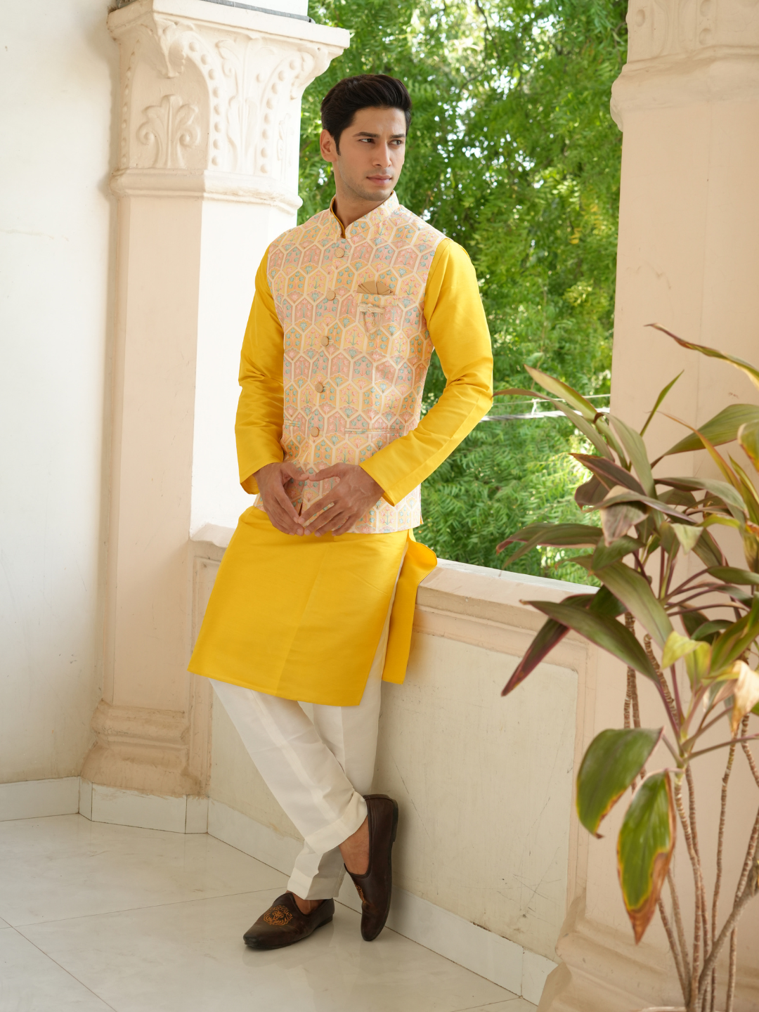 Yellow Kurta Nehru Jacket Trouser Set